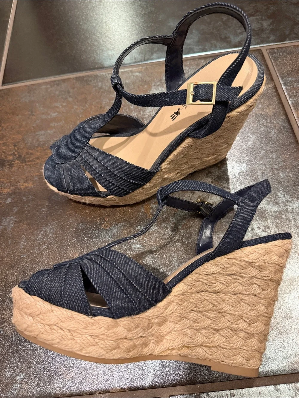 American Eagle Outfitters Navy Blue Woven T-Strap Wedge Sandals